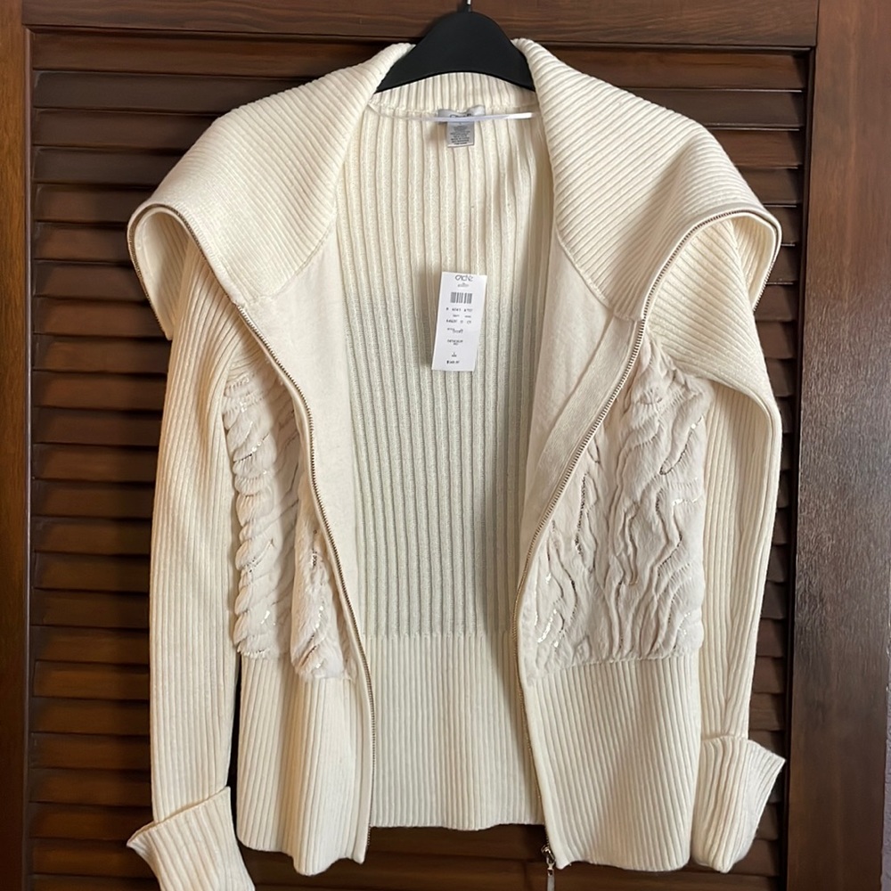 Cache Ivory Sweater with Zip Front and Sequin Detail